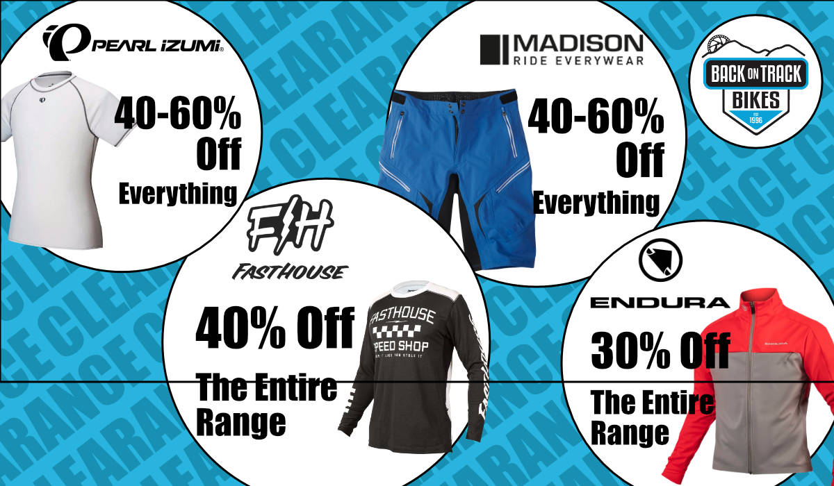 Huge summer cycling clothing clearance at Back-on Track Bikes in Malvern! Save up to 60% on Pearl Izumi, Madison, Fasthouse, and Endura. In-store only, sale ends 18th July.